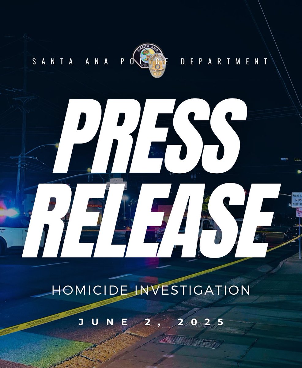 #SantaAnaPD #PressRelease Homicide Investigation: June 2, 2025 — Santa Ana Police Detectives are conducting a homicide investigation regarding a 60-year old man who was shot and killed.

On Sunday, June 1, 2025, at approximately 4:45 p.m., Santa Ana Police Communications received