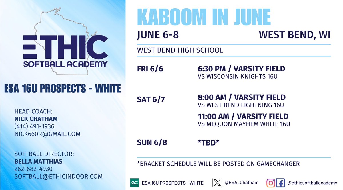 ESA 16U Prospects - White (@esa_chatham) on Twitter photo Excited to get back on the field! Game Schedule for this weekend's tournament in 📍West Bend, WI!! 🔥
<a href="/Arowicki99/">Alejandra Rowicki</a> <a href="/chatjord12_8/">Jordan Chatham</a> <a href="/JaedaZackery/">Jaeda.zackery</a> <a href="/JaycieAnderson_/">Jaycie</a> <a href="/JamieG_30/">Jamie Gorski</a> <a href="/MollySheahan/">Molly Sheahan</a> Excited to get back on the field! Game Schedule for this weekend's tournament in 📍West Bend, WI!! 🔥
<a href="/Arowicki99/">Alejandra Rowicki</a> <a href="/chatjord12_8/">Jordan Chatham</a> <a href="/JaedaZackery/">Jaeda.zackery</a> <a href="/JaycieAnderson_/">Jaycie</a> <a href="/JamieG_30/">Jamie Gorski</a> <a href="/MollySheahan/">Molly Sheahan</a>