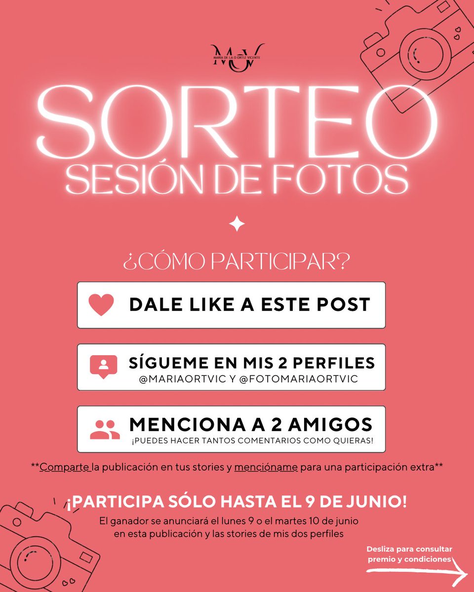 mariaortvic's tweet photo. 📸 ¿𝗤𝗨𝗜𝗘𝗥𝗘𝗦 𝗚𝗔𝗡𝗔𝗥 𝗨𝗡𝗔 𝗦𝗘𝗦𝗜𝗢𝗡 𝗗𝗘 𝗙𝗢𝗧𝗢𝗦? 📸

Estoy haciendo un #sorteo en mis perfiles de Instagram 👀⬇️🎁

Con ello sólo pretendo dar visibilidad a mi trabajo y compartirlo ❤️ 

#fotografia #fotografa #fotografo #foto #periodista #periodismo https://t.co/Gt5wciG9oy