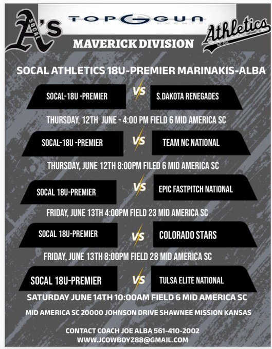 Victoria Staszak (@vstaszak2027_cf) on Twitter photo Locked in and looking forward to competing against the best in the <a href="/TopGunEvents/">Top Gun Events</a> Maverick Division! 💪🔥
Can’t wait to see everyone there!
👇 Check out our schedule below! #TopGunMaverick #SoCalAthletics
<a href="/coachkelsid/">Kelsi Dunne Diaz</a> <a href="/AllyneClark/">Coach Al</a> <a href="/MichelleFrew7/">Michelle Frew</a> <a href="/h_kathios19/">Holly Kathios</a> <a href="/CoachBallMalone/">Cindy Ball-Malone</a> Locked in and looking forward to competing against the best in the <a href="/TopGunEvents/">Top Gun Events</a> Maverick Division! 💪🔥
Can’t wait to see everyone there!
👇 Check out our schedule below! #TopGunMaverick #SoCalAthletics
<a href="/coachkelsid/">Kelsi Dunne Diaz</a> <a href="/AllyneClark/">Coach Al</a> <a href="/MichelleFrew7/">Michelle Frew</a> <a href="/h_kathios19/">Holly Kathios</a> <a href="/CoachBallMalone/">Cindy Ball-Malone</a>