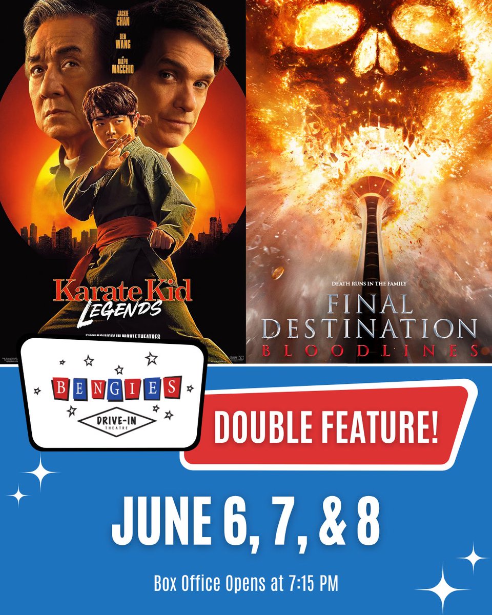 Bengies Drive-in (@bengies) on Twitter photo June 6, 7, & 8  – Friday, Saturday, & Sunday
Box Office Opens at 7:15 PM | Closes at 11:00 PM
8:45 PM -  “KARATE KID: Legends” PG13
10:45 PM “FINAL DESTINATION: Bloodlines” R June 6, 7, & 8  – Friday, Saturday, & Sunday
Box Office Opens at 7:15 PM | Closes at 11:00 PM
8:45 PM -  “KARATE KID: Legends” PG13
10:45 PM “FINAL DESTINATION: Bloodlines” R