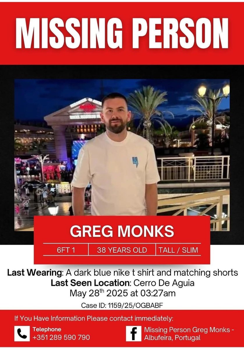 Jackie 🍀 (@jackie7681) on Twitter photo Please can everyone share to help Greg's family who are currently in Albufeira doing all they can to find him 🙏💙
Police are stretched over there and family require more help from the Government here 🙏
<a href="/JohnSwinney/">John Swinney</a>
#gregmonks Please can everyone share to help Greg's family who are currently in Albufeira doing all they can to find him 🙏💙
Police are stretched over there and family require more help from the Government here 🙏
<a href="/JohnSwinney/">John Swinney</a>
#gregmonks