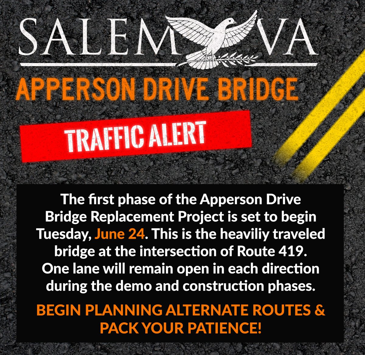 Please pay attention to signage and directions as we approach this start date. Detours will be in place once construction starts, but use the weeks leading up to this lengthy construction period to work on an alternate route that avoids the area. #SalemVA