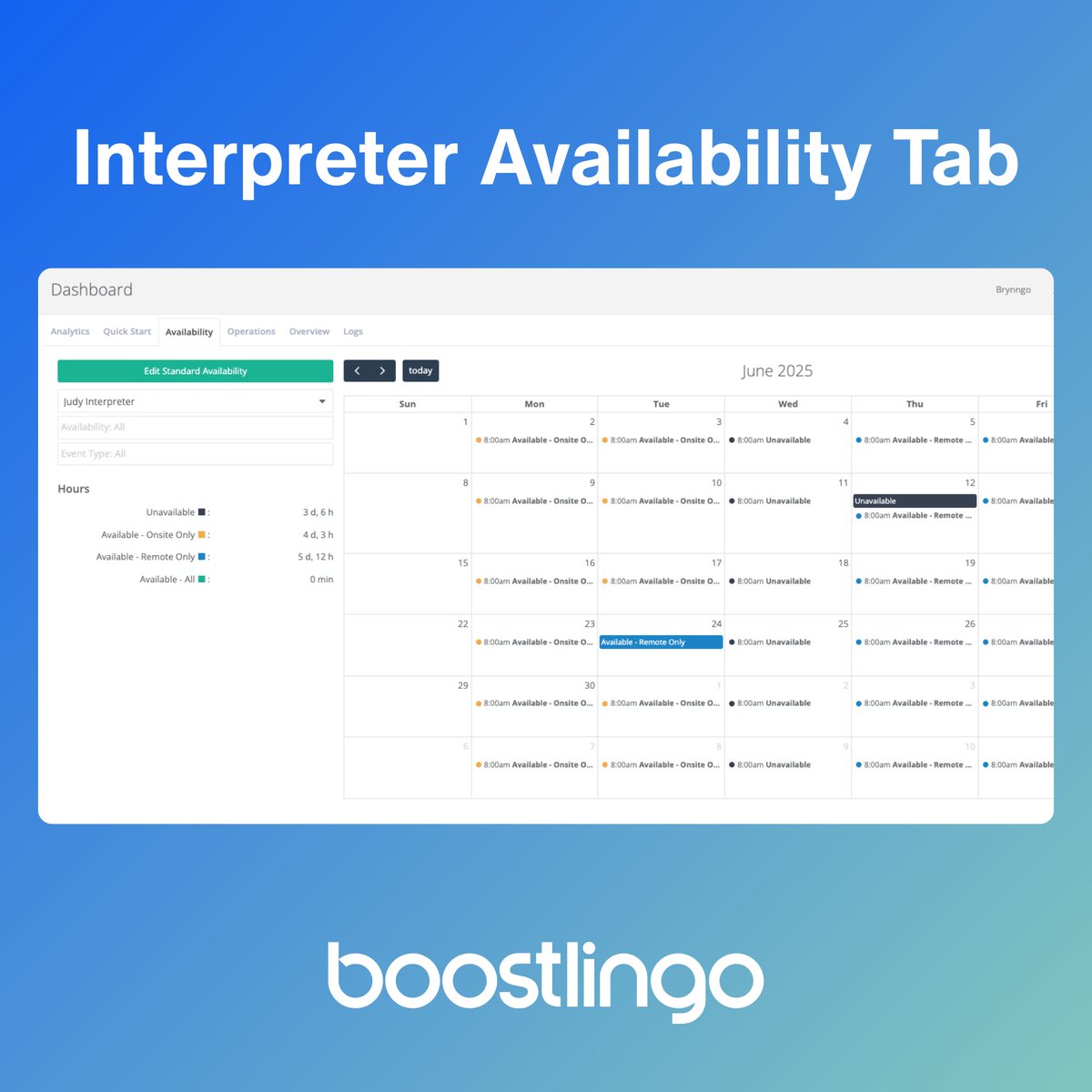 ✨ Here's a first look at the brand-new Interpreter Availability feature in Boostlingo IMS.

Interpreters can now set and label their weekly or one-off availability in a calendar tab, adding location notes for extra clarity. Schedulers see those updates instantly, filter and edit