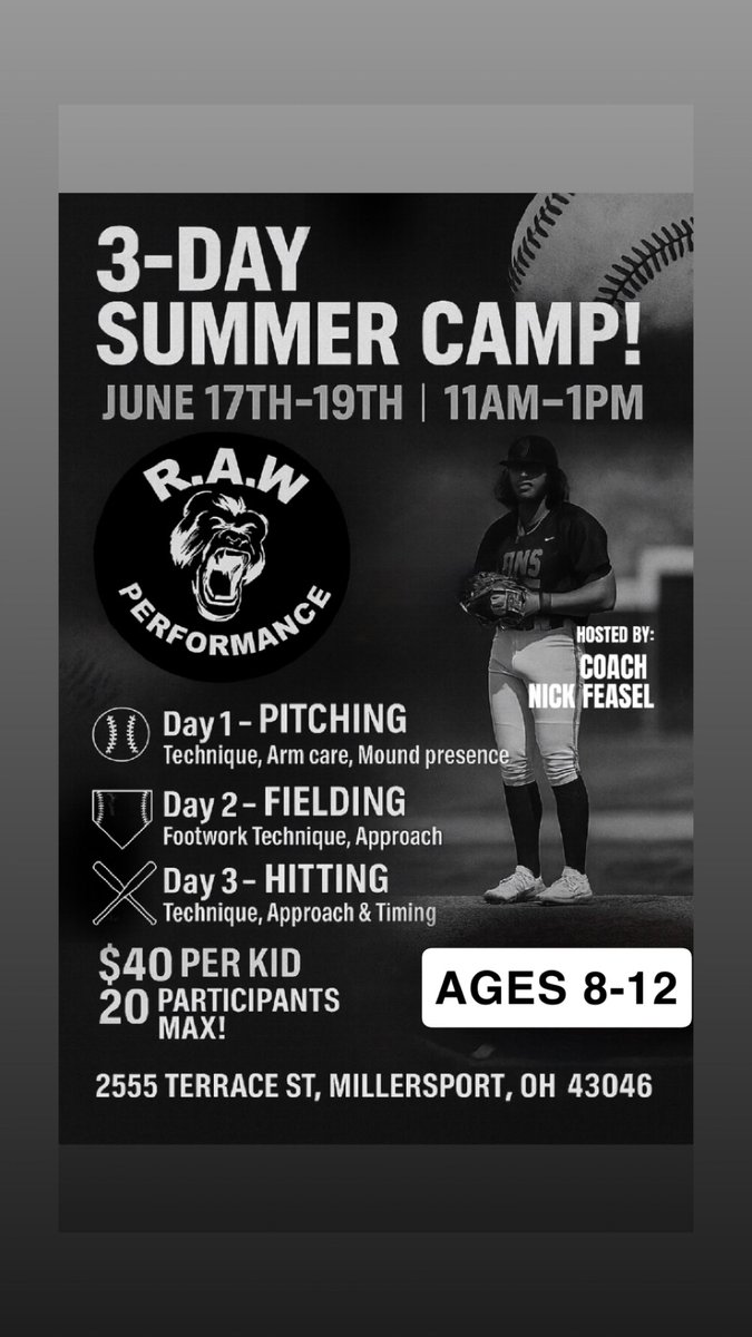 nick_feasel2's tweet image. I will be running a 3 Day long Baseball Camp! 20 players Max!! Use this link to book. Bookeo.com/rawacademy