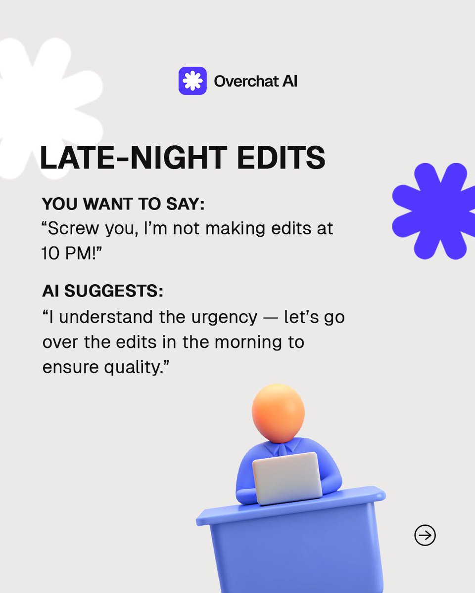 OverchatAI's tweet image. 💬 Want to reply... but keep it classy?
Overchat AI’s Paraphrasing tool turns “awkward” into “brilliantly diplomatic.”
overchat.ai/web/ai-store/

#FreeAIChat #AIWritingTools #ChatGPTAlternative #AIProductivity