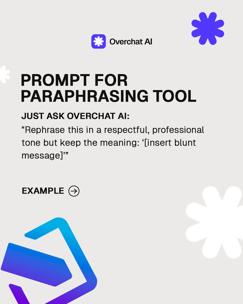 OverchatAI's tweet image. 💬 Want to reply... but keep it classy?
Overchat AI’s Paraphrasing tool turns “awkward” into “brilliantly diplomatic.”
overchat.ai/web/ai-store/

#FreeAIChat #AIWritingTools #ChatGPTAlternative #AIProductivity