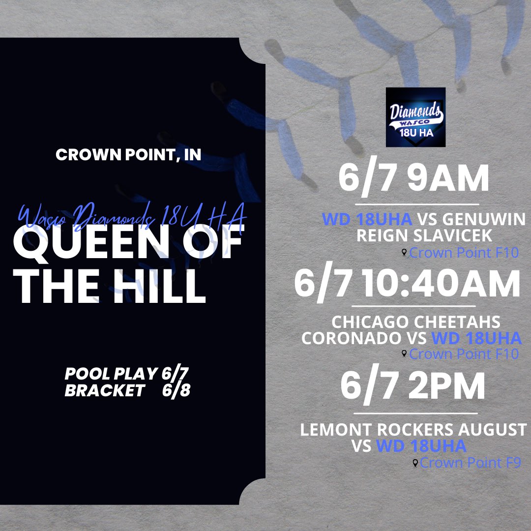 Wasco Diamonds 18UHA (@diamonds18uha) on Twitter photo We have a few 2026’s & a 2027 you wont want to miss out on! Make sure to come check us out as we kick off our Summer season!
📍Crown Point, IN
🗓️ 6/7-6/8
⌚️6/7: 9AM, 10:40AM, & 2PM; 6/8: TBD
<a href="/tagupSoftball/">tagup</a> <a href="/coach2morrow/">Coach Morrow</a> <a href="/haley_albamonte/">Haley Albamonte</a> <a href="/WascoDiamonds/">Wasco Diamonds</a> We have a few 2026’s & a 2027 you wont want to miss out on! Make sure to come check us out as we kick off our Summer season!
📍Crown Point, IN
🗓️ 6/7-6/8
⌚️6/7: 9AM, 10:40AM, & 2PM; 6/8: TBD
<a href="/tagupSoftball/">tagup</a> <a href="/coach2morrow/">Coach Morrow</a> <a href="/haley_albamonte/">Haley Albamonte</a> <a href="/WascoDiamonds/">Wasco Diamonds</a>