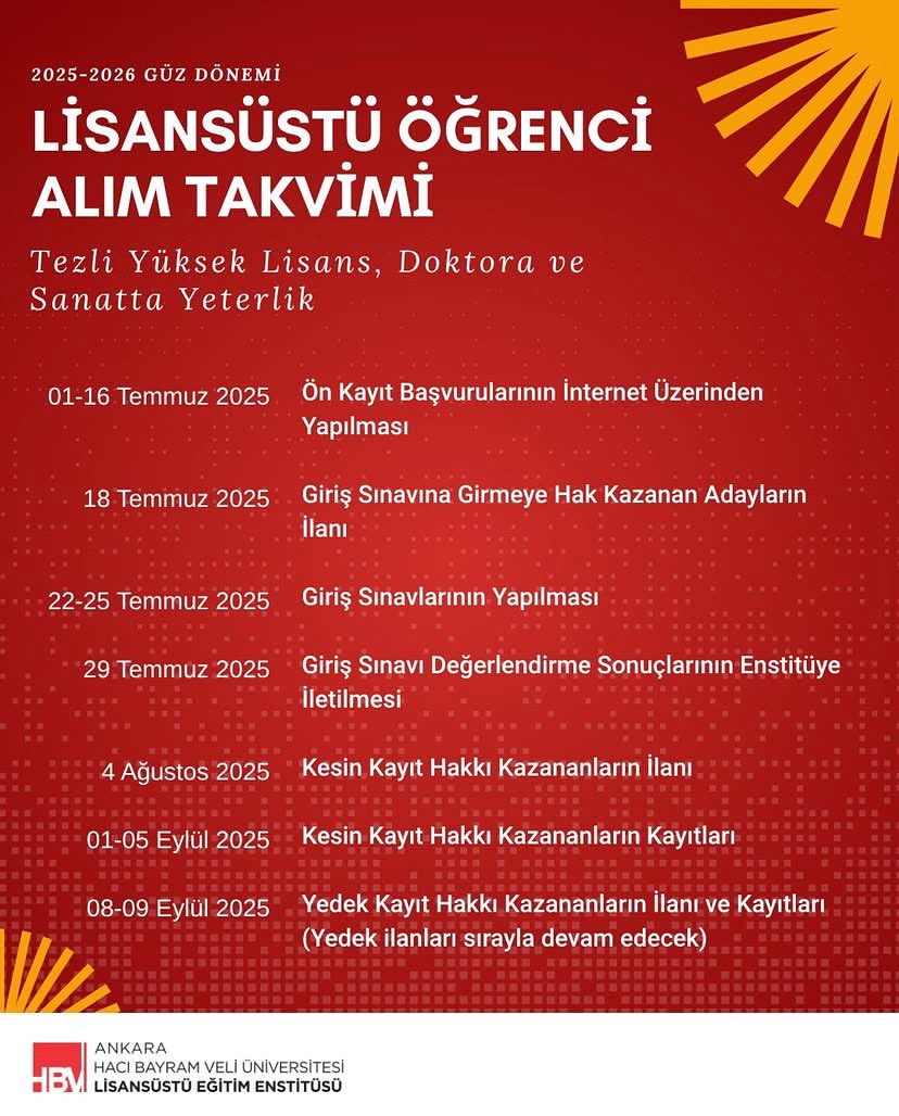 Enstitümüz 2025-2026 Akademik Yılı Güz Dönemi Yüksek Lisans, Doktora ve Sanatta Yeterlik Programı Alım Şartları ve Kontenjanları açıklanmıştır.

📌 Detaylara hacibayram.edu.tr/le adresinden ulaşabilirsiniz.