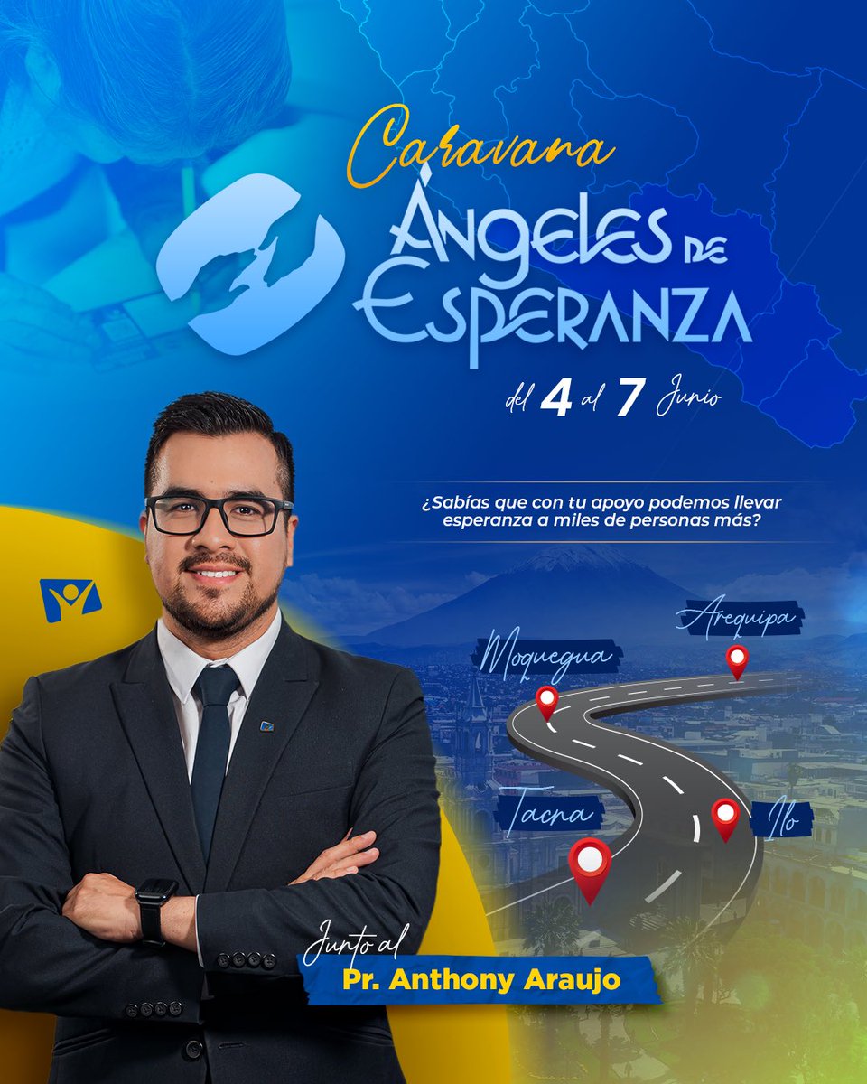 NuevoTiempoPeru's tweet photo. Del 4 al 7 de junio, junto al Pr. Anthony Araujo, tendremos una 🚍Caravana #ÁngelesDeEsperanza del todo especial 🤩🩵
✨Si estás en una de esas ciudades, ¡Te esperamos! 🥳
#NuevoTiempo #APSur #VamosconTodo https://t.co/tSCZjpnGW4