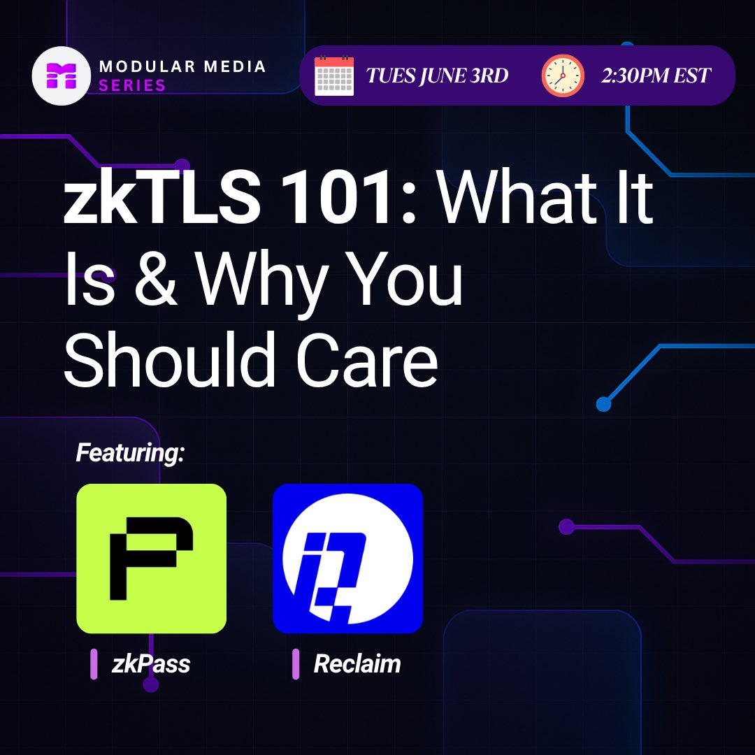Modular Media (@modularmedia_) on Twitter photo First zkTLS stream kicks off tomorrow!
What it is, how it works, & why you should care.
Featuring:
▶️ <a href="/Francis_Berwa/">Francis</a> from <a href="/zkPass/">zkPass</a>
▶️ <a href="/adiiHQ/">Adithya - zkTLS/acc</a> from <a href="/reclaimprotocol/">Reclaim Protocol</a>
Tomorrow @ 2:30pm EST.
See you there. First zkTLS stream kicks off tomorrow!
What it is, how it works, & why you should care.
Featuring:
▶️ <a href="/Francis_Berwa/">Francis</a> from <a href="/zkPass/">zkPass</a>
▶️ <a href="/adiiHQ/">Adithya - zkTLS/acc</a> from <a href="/reclaimprotocol/">Reclaim Protocol</a>
Tomorrow @ 2:30pm EST.
See you there.