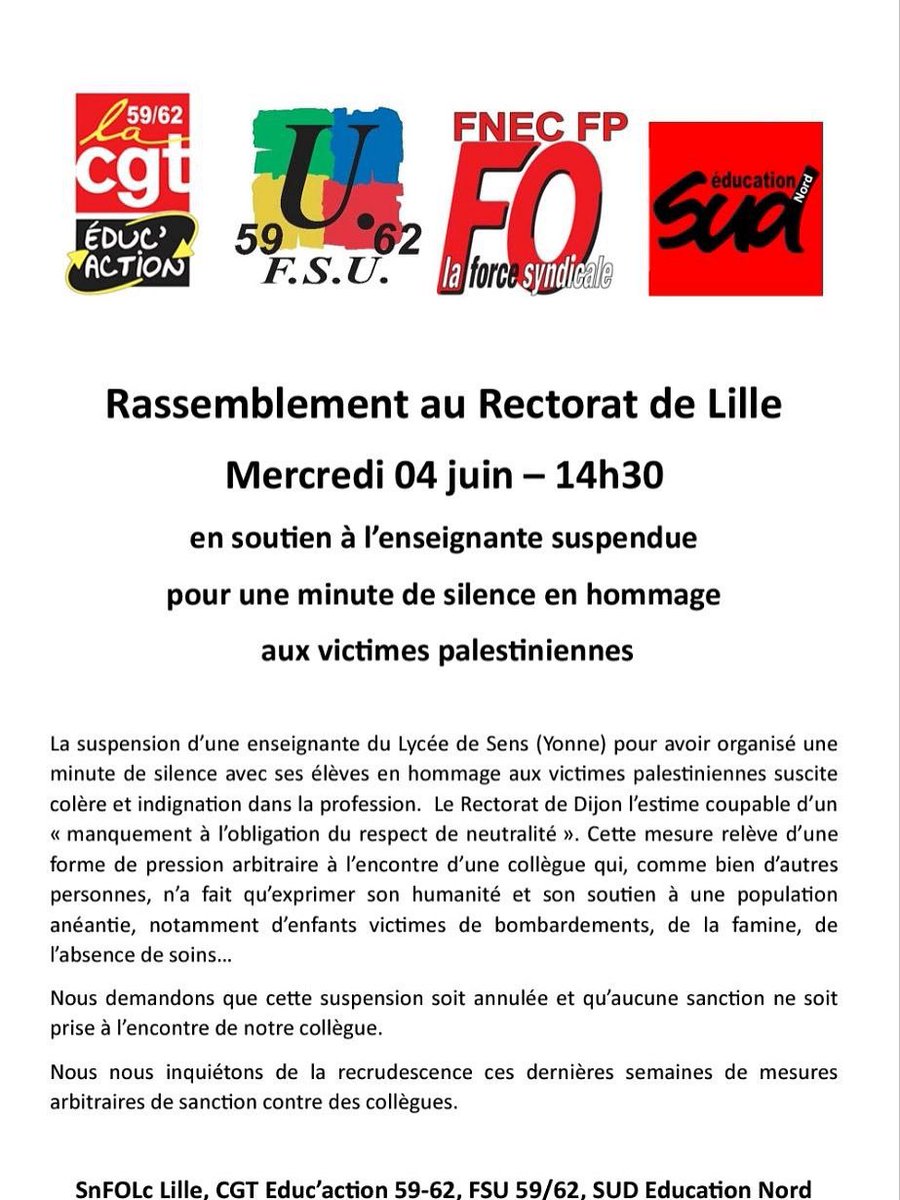 🚨 L'intersyndicale, avec la CGT Educ'action, soutient notre collègue injustement sanctionnée et appelle à un rassemblement MERCREDI 4 juin à 14:30 devant le Rectorat, rue de Bavay à Lille !
💥 Non à la répression, non au #pasdevagues
#cgteducaction
