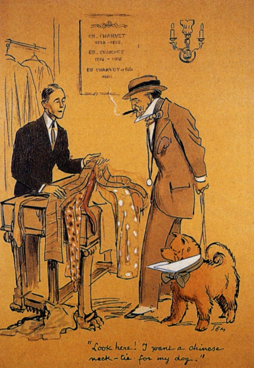dieworkwear's tweet photo. Evander Berry Wall, a dandy and NYC socialite, used to get matching bespoke neckties from the famous Parisian tailoring house Charvet. One was for him; the other for his chow chow named Chi-Chi. This was so they could look like a set while dining together at the Ritz. https://t.co/nIjbgh0T1i