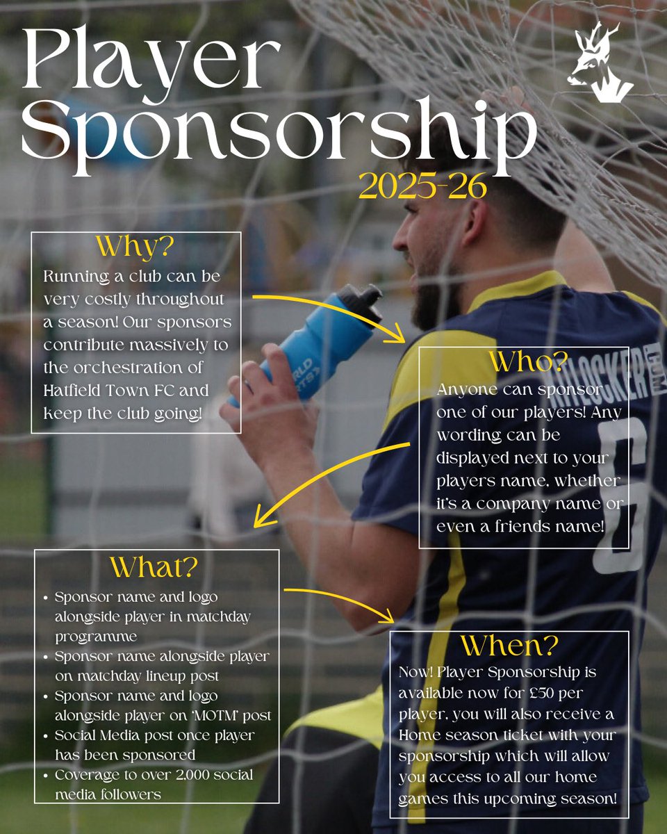 Hatfield_TownFC's tweet image. 2025/26 Player Sponsorship! As the new season is approaching we’re now in search of player sponsors! 🔵🟡

Please get in touch with any of our social media pages or message your player for further info! 🦌