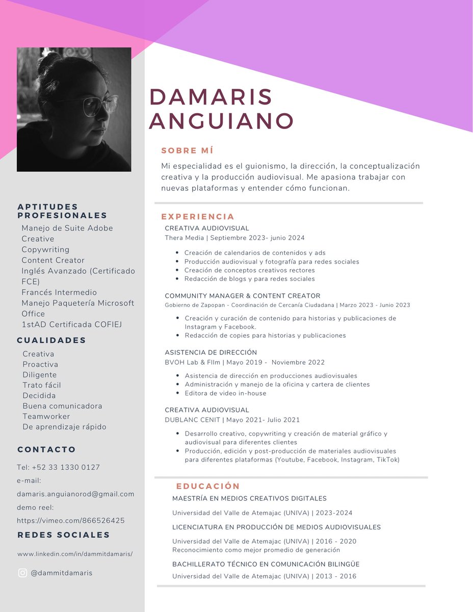 dammitdamaris's tweet image. ¡Hola! Estoy buscando trabajo. Tengo experiencia trabajando en agencias de publicidad y marketing, en producciones comerciales y en redes sociales. Hago creación de contenido, creatividad, asistencia de dirección y producción audiovisual.