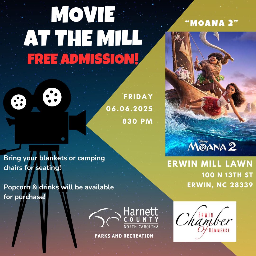 HarnettCoParks's tweet image. Join us THIS FRIDAY for a FREE showing of Moana 2 in Erwin!
Event details here: facebook.com/share/1DDJk78w…
Thank you to our partners and sponsors:
Erwin Chamber of Commerce
MainStreet Family Care - Erwin
Timothy C Morris PA