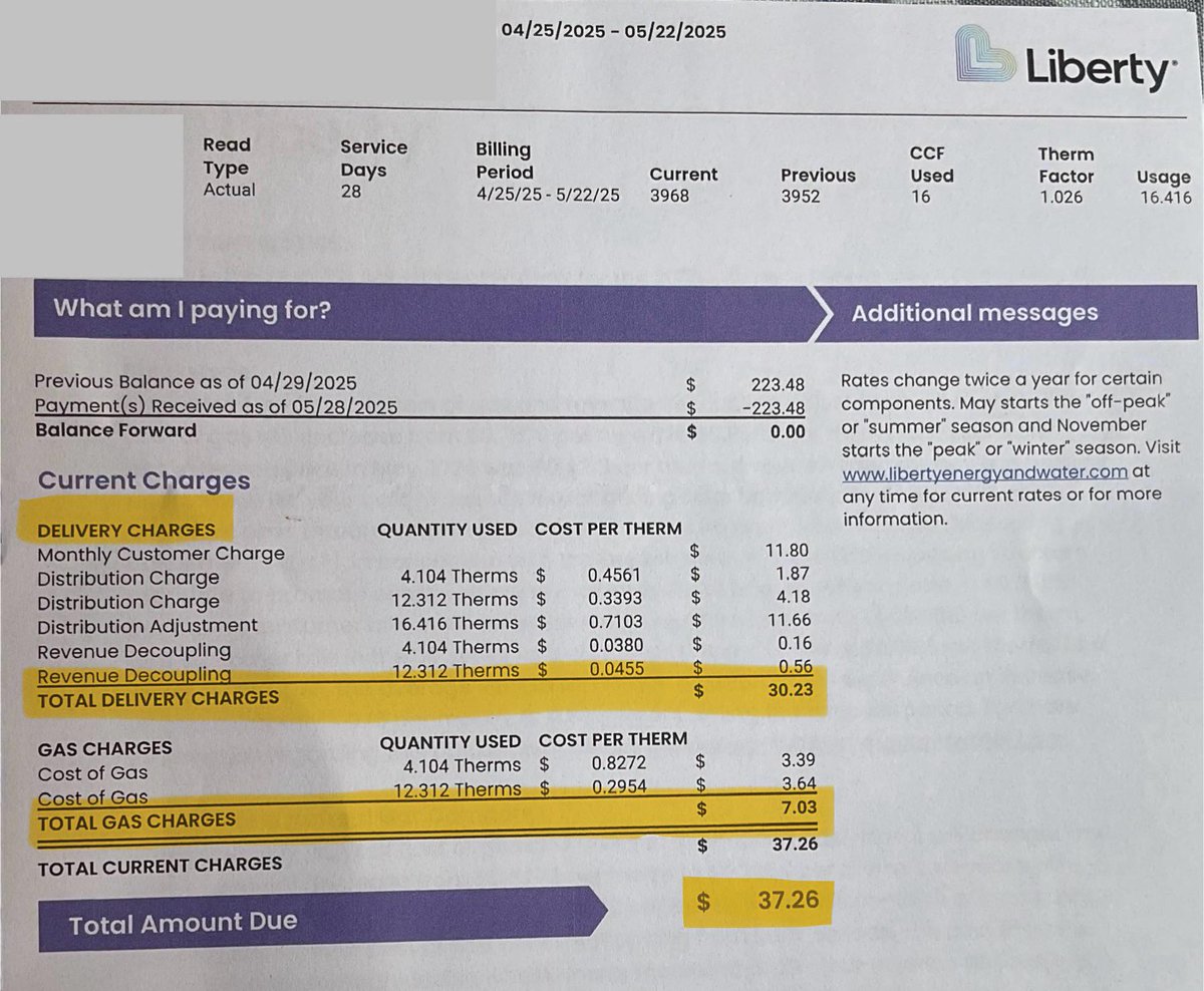 FallRiverReport's tweet photo. Here's another crazy bill in Massachusetts. A Fall River resident used $7 in natural gas and was charged over $30 to deliver it. Hidden in the delivery fees are major subsudies for alterative energy. https://t.co/W2uj3nSg22