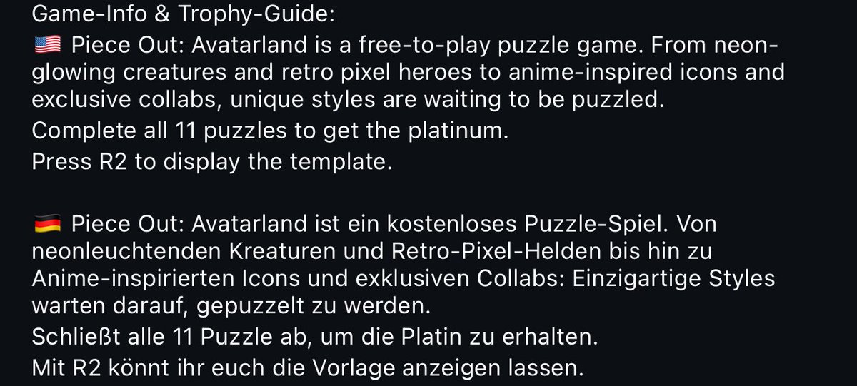 Since friday #PieceOut: Avatarland by <a href="/cuditgames/">CUDIT Games</a> is available.

instagram.com/share/_dKn9hQ6G

<a href="/SilentGhost86/">SilentGhost</a> <a href="/PSN_Robert2567/">Robert2567</a> <a href="/Platingamer73/">Platingamer-HRO</a> <a href="/TrophyN3rd/">🎮 TrophyN3rd</a> <a href="/PlatCat/">TᕼE ᑭᒪᗩTIᑎᑌᗰ ᑕᗩT</a> <a href="/DerPlatinjunge/">Platinjunge</a> <a href="/Phil_TDZ/">Siralja</a> <a href="/IBadDriverI/">IBadDriverI</a> <a href="/Luc0rval/">The Dutch 🇳🇱 Trophy🏆 Hunter</a>