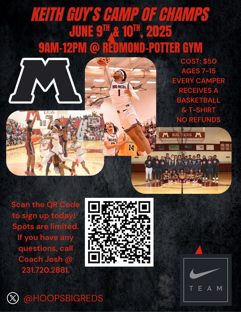 HoopsBigReds's tweet image. Only 1 week left until we kick off our Camp of Champs! Scan the QR code and register for the best Boy’s youth camp around!