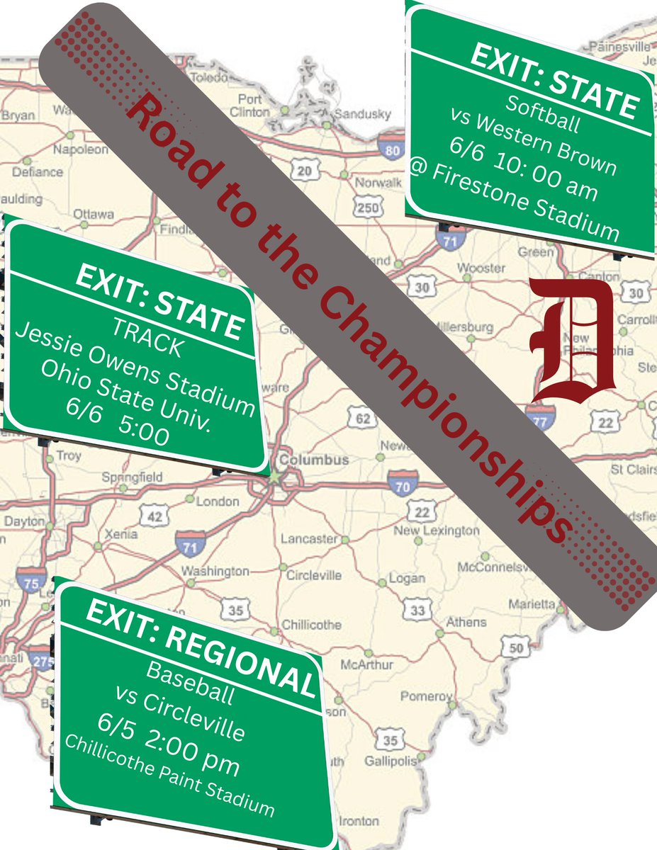 Tornado Tournament Trail

Baseball (Regional Semi) - Thur 2pm in Chillicothe vs Circleville

Softball (State Semi) - Fri 10am vs Western Brown at Akron Firestone Stadium

Track (State Semi) - Fri 5pm running events start at 5pm at Jessie Owens stadium at OSU