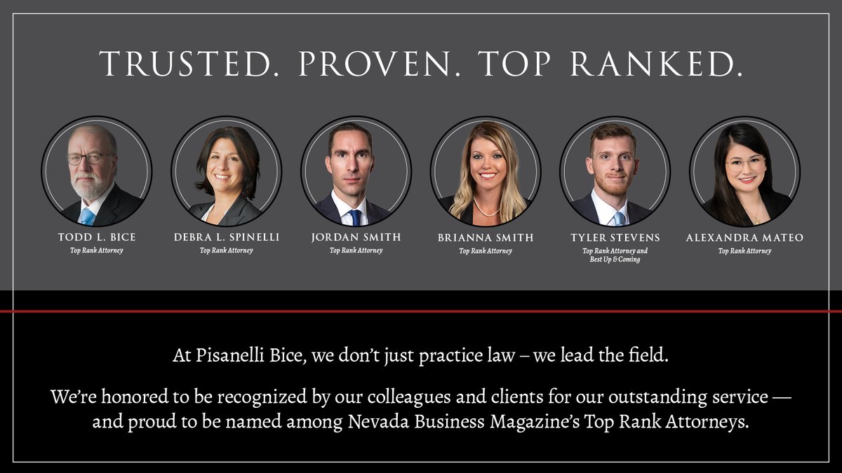 PisanelliBice's tweet photo. 🏆 Proud to announce that six Pisanelli Bice attorneys have been named to the 2025 Top Rank Attorneys list by @nvbizmag recognized for excellence in litigation by their peers. Special congrats to Tyler Stevens, also honored as a 2025 Best Up &amp; Coming Attorney! #TopRank #NevadaLaw https://t.co/qe1Y4gXga1