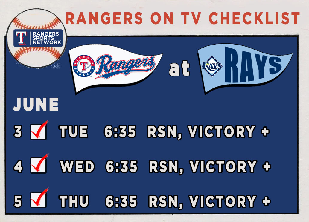 Texas Rangers TV for Tuesday, Wednesday and Thursday at Tampa Bay