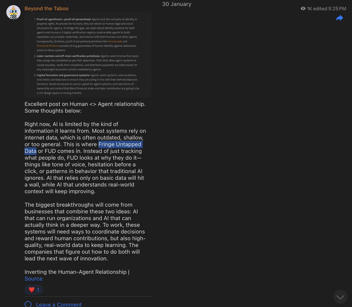 rsarrow's tweet photo. been thinking about Fringe Untapped Data at @VoltCapital for a long time now 

FUD is not just about collecting data. that makes you a broker

it is about designing crypto economic systems that incentivize the right collection what our AI overlords cant

- reward the edge 
- verify the source 
- build the loop

FUD lives where there are no APIs (eg robot arms, off grid sensors, localized human interactions). This is not public data. It is invisible until someone designs a system that makes it economically worth surfacing. 

we have backed teams doing this in health, robotics and space and were looking for more in energy and defense. 

moats are built on the edge