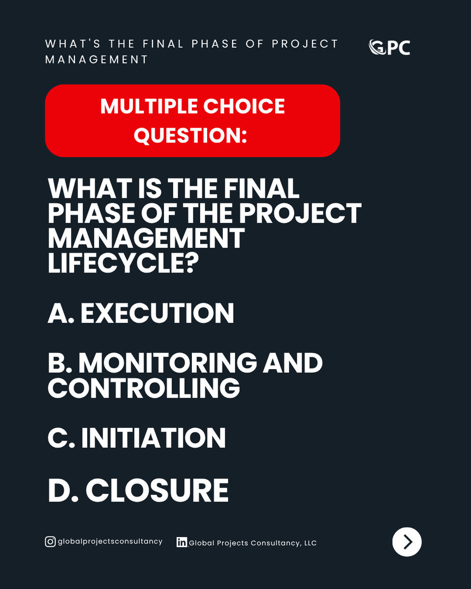 GlobalProjectsC's tweet image. Comment your answer below!

📘 #ProjectManagement #BusinessQuiz #EngageWithUs #Learning

👉 Making your strategic projects our priority.
🔗 Learn more: globalprojectsconsultancy.com