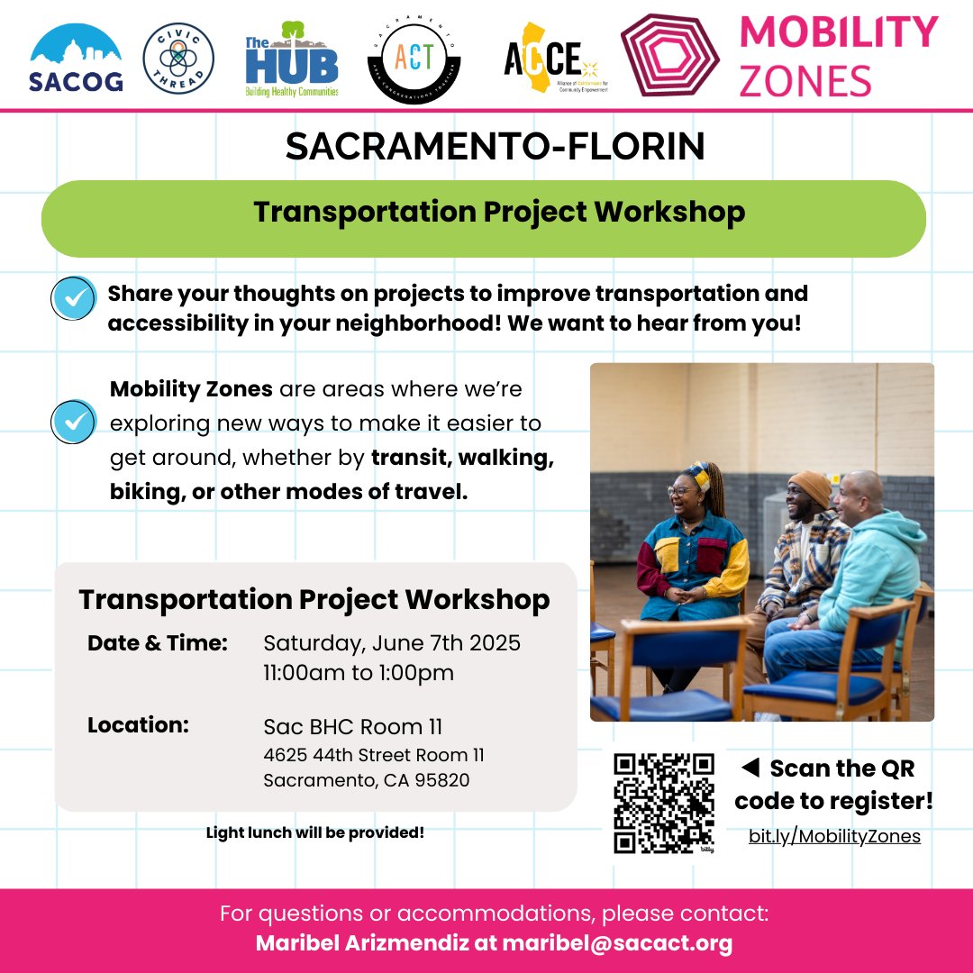 Your voice can shape the way we prioritize transportation improvement projects within the SACOG Mobility Zones. Attend the Sacramento-Florin Transportation Workshop this Saturday 6/7 at 11am! Register and learn more at bit.ly/MobilityZones.