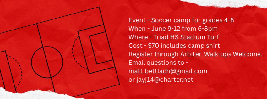 Triad Lady Knights Soccer (@triadgirlssoc) on Twitter photo Grades 4-8 Soccer Camp is fast approaching. Register today on Arbiter. Walks-up welcome! <a href="/TriadHighSchool/">Triad High School</a> <a href="/TriadKnights/">Triad Knights</a> <a href="/soccer_triad/">Triad Soccer</a> Grades 4-8 Soccer Camp is fast approaching. Register today on Arbiter. Walks-up welcome! <a href="/TriadHighSchool/">Triad High School</a> <a href="/TriadKnights/">Triad Knights</a> <a href="/soccer_triad/">Triad Soccer</a>