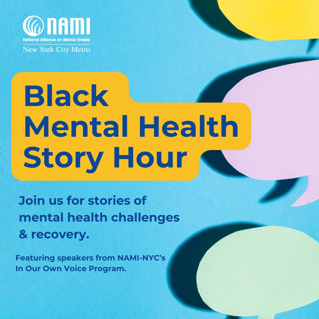 Tomorrow! Join us for Black Mental Health Story Hour on Tuesday, June 3, from 6–7 PM. Presenters Sierra Porter and Robin Graham, will share their stories of mental health challenges and road to recovery. Ask questions and find connection. RSVP: bit.ly/43v6ahn