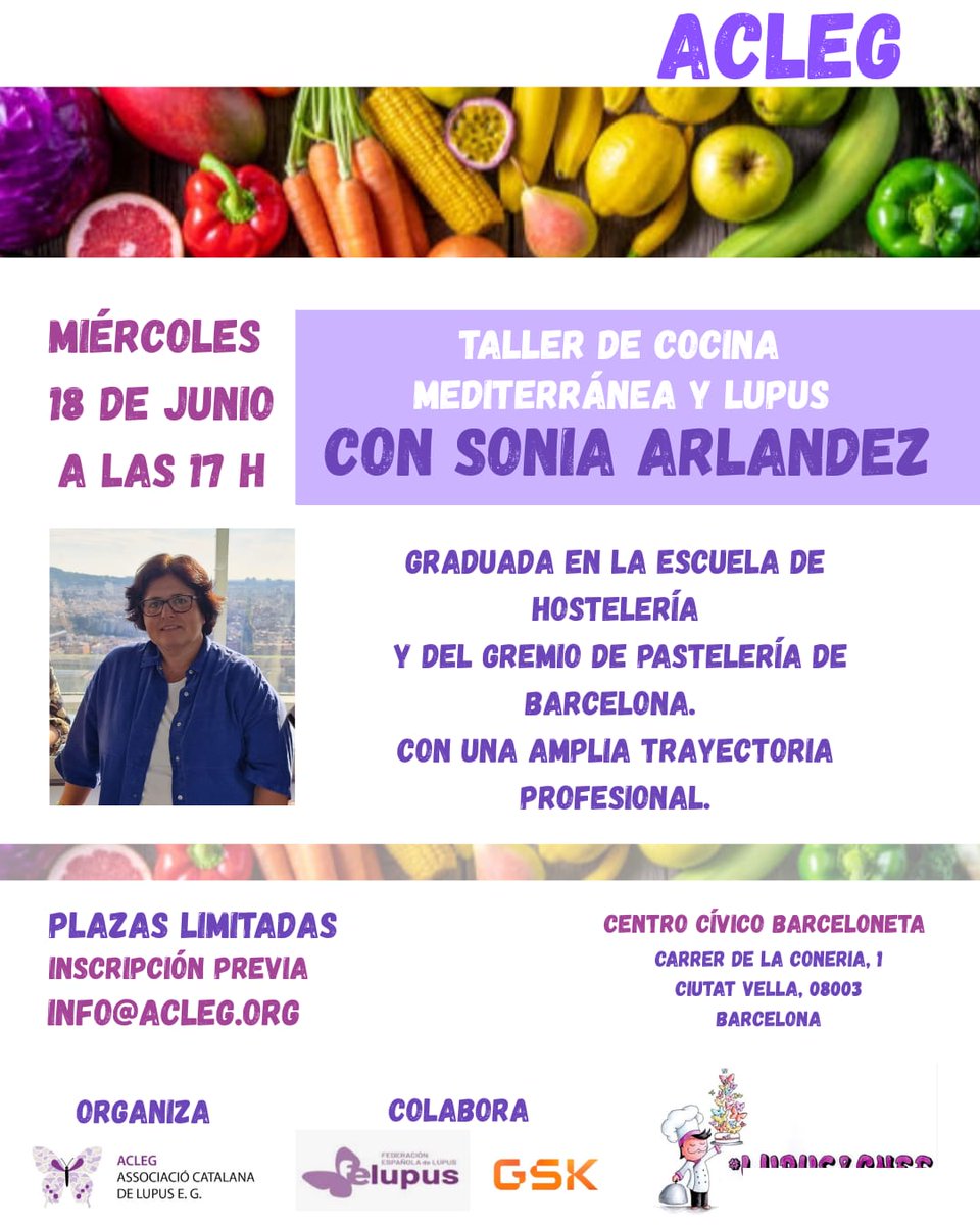 Asociación Catalana Lupus E.G. (@lupusacleg) on Twitter photo EL 18 de Junio Taller practico de cocina Mediterránea y Lupus. De 17h a 20h en el Centre Cívic, Barceloneta. C/ Conreria, 1 Barcelona. Gratuito.
Organiza, <a href="/LupusAcleg/">Asociación Catalana Lupus E.G.</a> colaboran <a href="/Felupus/">Federación Española Lupus | #LUPUSESPAÑA</a> y <a href="/GSK_ES/">GSK España</a>. Por Sonia Arlandez. Aforo limitado, Inscripciones en info@acleg.org. EL 18 de Junio Taller practico de cocina Mediterránea y Lupus. De 17h a 20h en el Centre Cívic, Barceloneta. C/ Conreria, 1 Barcelona. Gratuito.
Organiza, <a href="/LupusAcleg/">Asociación Catalana Lupus E.G.</a> colaboran <a href="/Felupus/">Federación Española Lupus | #LUPUSESPAÑA</a> y <a href="/GSK_ES/">GSK España</a>. Por Sonia Arlandez. Aforo limitado, Inscripciones en info@acleg.org.