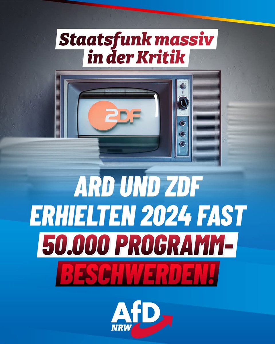 AlternativeNRW's tweet photo. ++ Der Staatsfunk hat das Volk gegen sich! ++

Diese Meldung wäre fast untergegangen: „ARD und ZDF werden mit #Programmbeschwerden überhäuft“, titelte die Welt jüngst. Im Programm beitragsfinanzierter Sender findet man die Schlagzeile komischerweise kaum. Und „überhäuft“ ist keine Übertreibung:

Das ZDF erhielt im vergangenen Jahr „17.000 Beschwerden über das Programm“, mehr als „zehnmal so viele wie im Jahr 2022“. Noch schiefer hängt der Haussegen bei der ARD: „31.000 Beschwerden“ erhielt allein die Programmdirektion in München. Das war aber noch nicht alles. „Die reale Zahl ist höher“, gibt die ARD offen zu.

Viele der Beschwerden werden via https://t.co/STL08Czwn7 verschickt – eine Plattform, die genötigten Beitragszahlern eine Stimme gibt. Ihr Protest zeigt: Das GEZ-System ist am Ende. Unser Entwurf: ein „Grundfunk“, der ehrlich informiert, statt Wahlkampf für Linke zu machen.