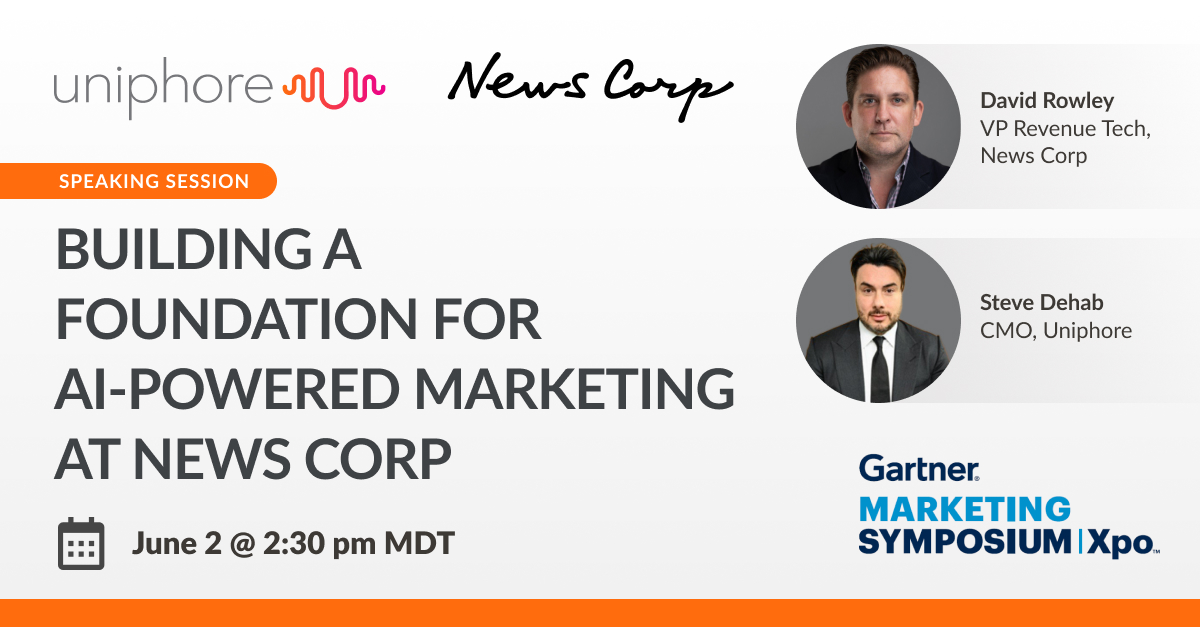 uniphore's tweet image. See us on the Main Stage today at the Gartner® Marketing Symposium Xpo™​
​
Don’t miss News Corp and #Uniphore sharing what it takes to scale AI-powered marketing and why the right data foundation makes all the difference.​
​
🗓️ June 2 at 2:30 PM MST​
📍 Main Stage​
 #GartnerSYM