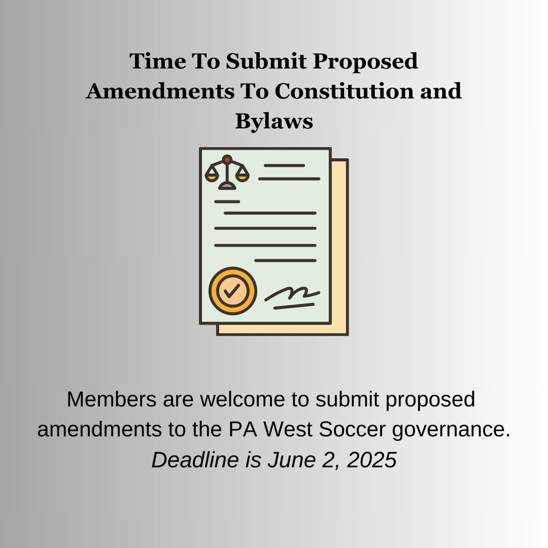 🚨At the PA West Soccer AGM, the membership considers proposed amendments to the association governance.  Proposed amendments are due TODAY!🚨  

For all the details, visit: ow.ly/2ZLK50VVg5n