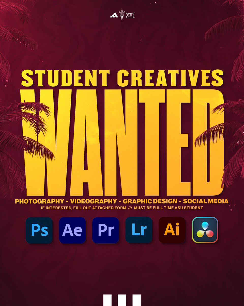 Calling all Arizona State student creatives ‼️

Come create for the Sun Devils and join the team behind @asufootball 

Apply by filling out the form below ⤵️
forms.gle/JG5mUm7PSdPt1f…

*Must be currently enrolled at ASU* #ForksUp