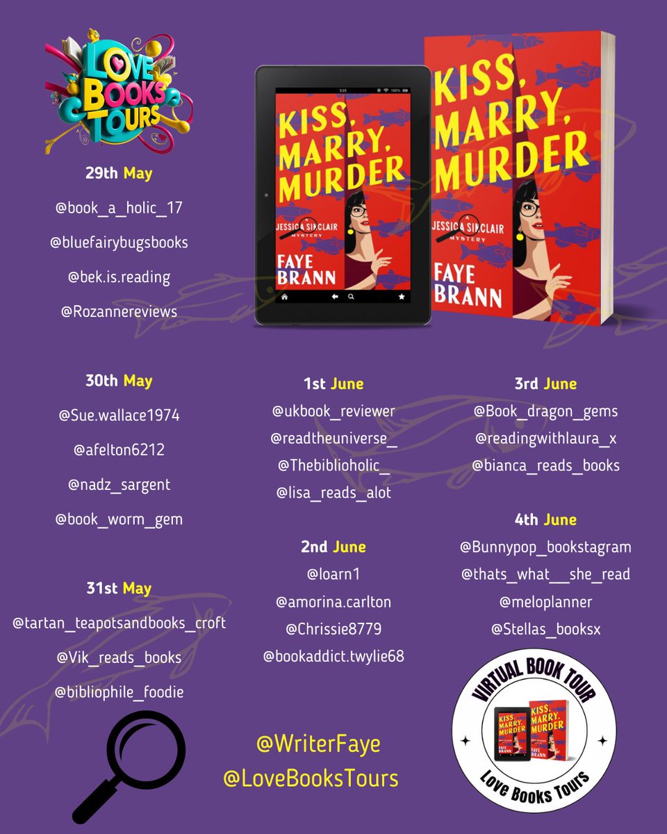 PatersonLoarn's tweet image. #kissmarrymurder by @writerfaye TV host Jessica quits her career and becomes a private eye. Accused of murder after finding the dead body of her former bestie she sets out to find the killer. Humour by a winner of the @CWIPprize @Lovebookstours patersonloarn.co.uk/blog/kiss-marr…
