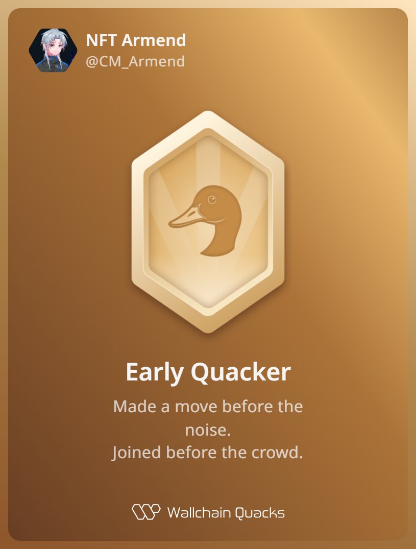NFT Armend (@cm_armend) on Twitter photo Just unlocked the Early Quacker on <a href="/wallchain_xyz/">Wallchain Quacks</a> 🏆
How cool is that?
Feels great to have my contributions recognized.
How’s Wallchain Quacks been treating you so far?
Not on board yet? Drop a comment for an invite 👇🦆 Just unlocked the Early Quacker on <a href="/wallchain_xyz/">Wallchain Quacks</a> 🏆
How cool is that?
Feels great to have my contributions recognized.
How’s Wallchain Quacks been treating you so far?
Not on board yet? Drop a comment for an invite 👇🦆