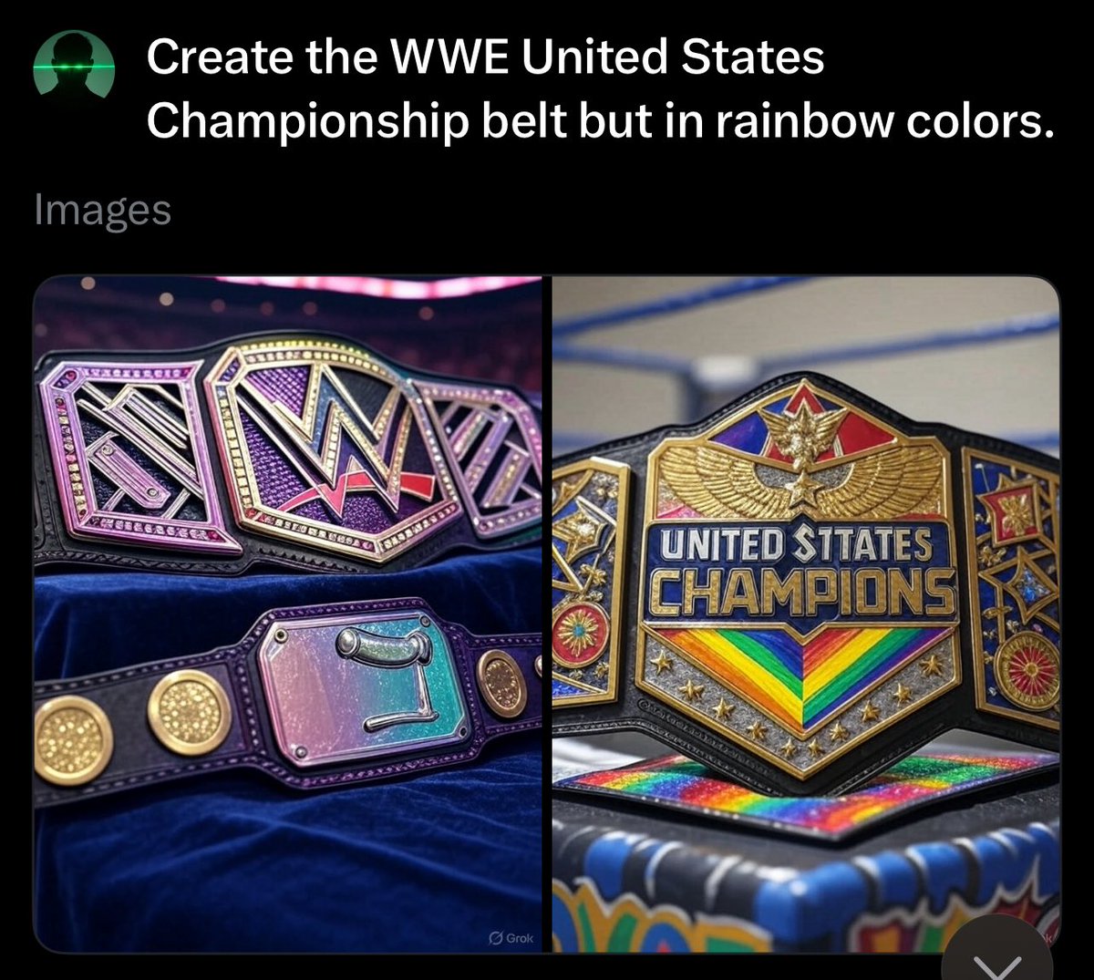 Yoooooo, why did Grok create a dildo championship belt when I asked it to add rainbow colors to the U.S. Championship belt?

😂😂😂 Grok is based sometimes.