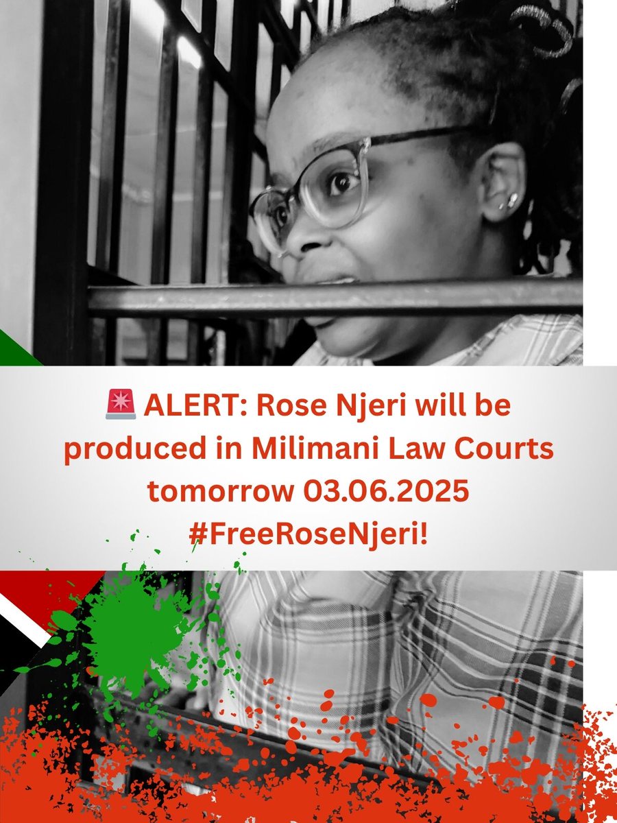Rose Njeri will be produced in Milimani Law Courts tomorrow 3rd of June 2025.

We are calling for solidarities.

Yesterday it was David Mokaya, Today it's Rose Njeri and tomorrow it can be you.

Solidarities strengthen the fighting spirit of freedom fighters.

#FreeRoseNjeri