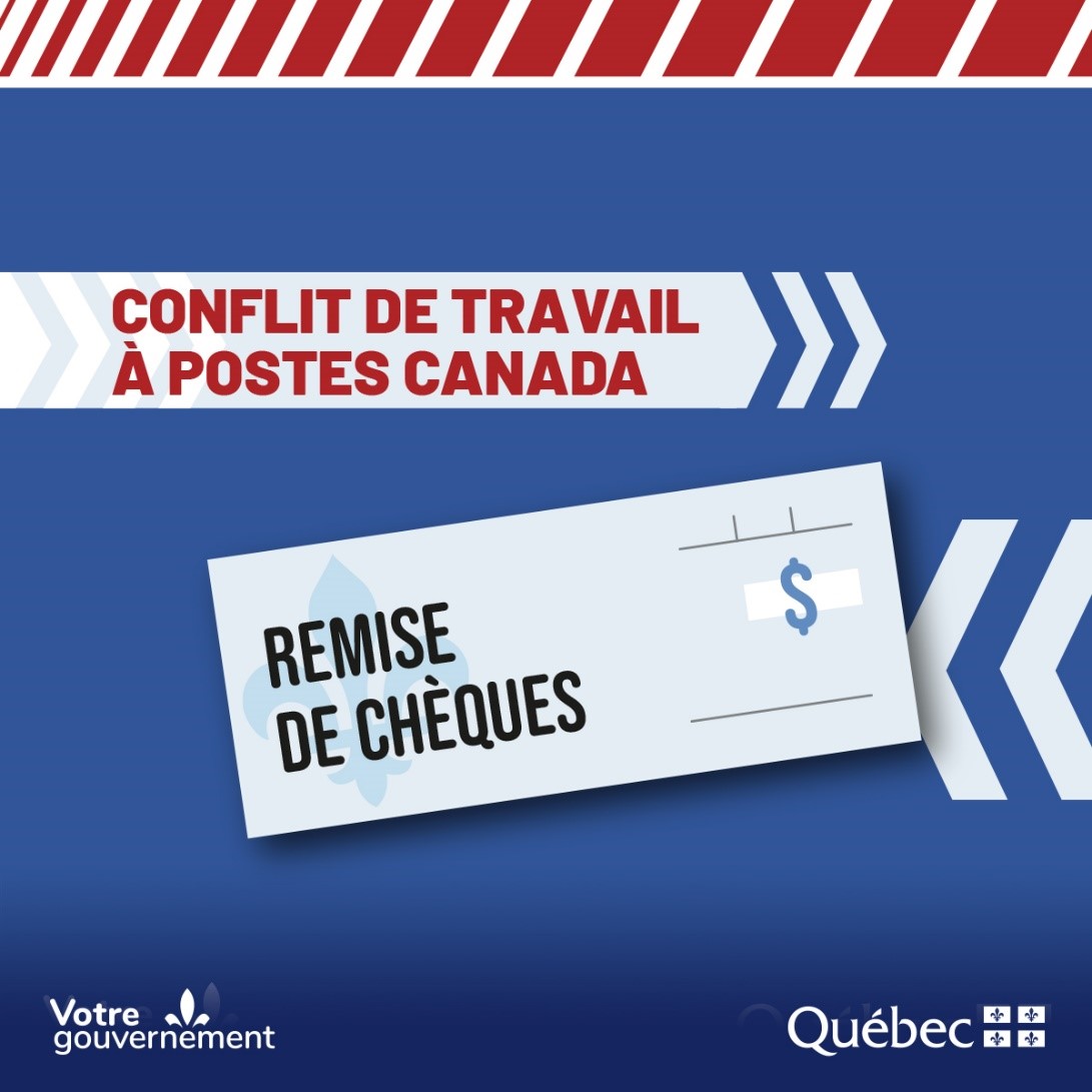 SAAQ's tweet image. 📢 Conflit de travail chez Postes Canada
💬 Vous recevez des indemnités de la SAAQ?
La SAAQ remettra les chèques de subsistance dans les bureaux de Services Québec.
Consultez notre FAQ : saaq.gouv.qc.ca/faq-postescana…
Inscrivez-vous au dépôt direct en appelant au 1 800 463-6890.