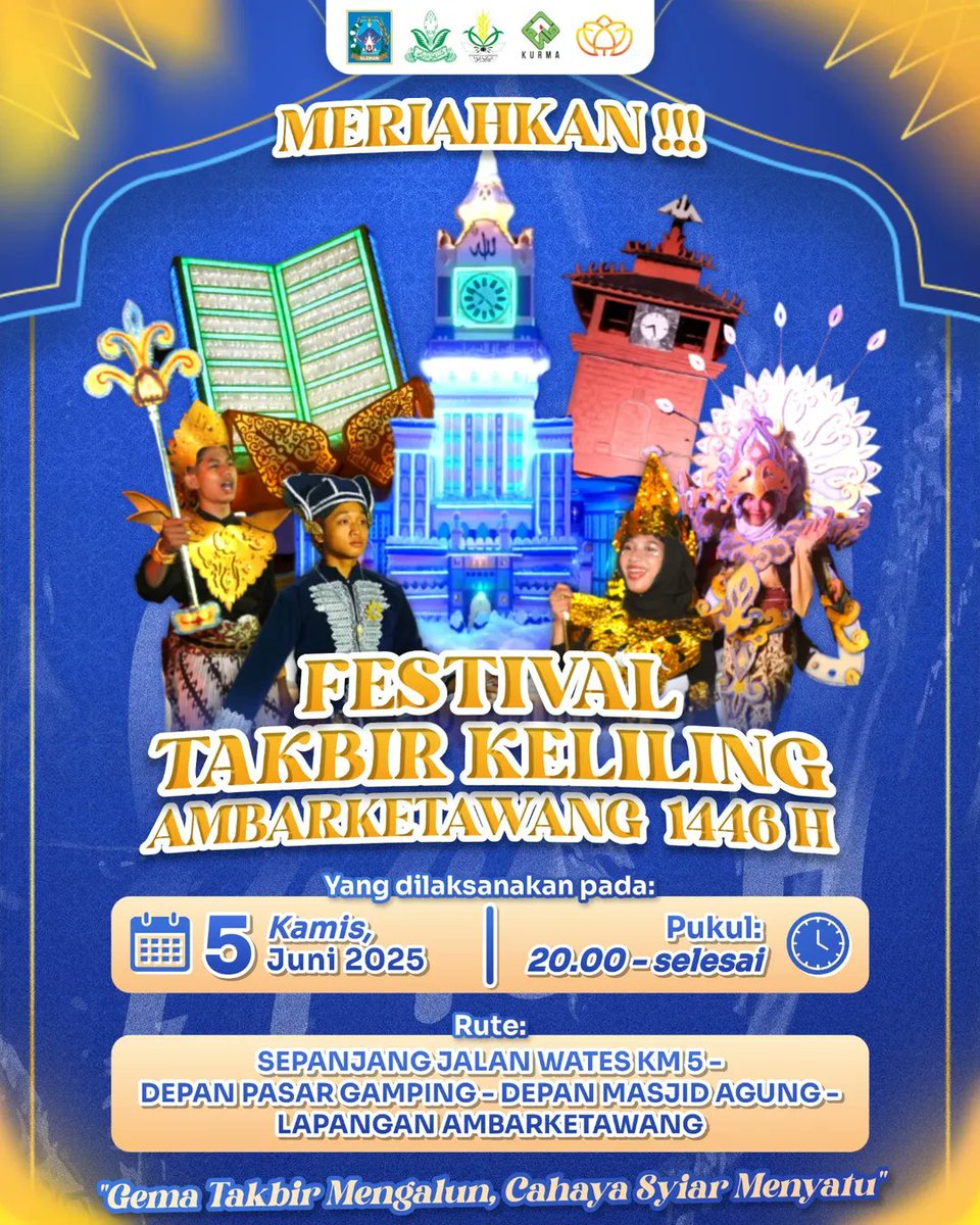 merapi_uncover's tweet photo. Assalamualaikum Warahmatullahi Wabarakatuh

FTKA 2025 × AMM AMBARKETAWANG Proudly Present

✨ *FESTIVAL TAKBIR KELILING AMBARKETAWANG 1446 H* ✨

Dalam rangka menjalin Ukhuwah islamiyah, Mari semarakkan kembali Semangat Syiar Idul Adha 1446H dalam tema *"Gema Takbir Mengalun, Cahaya Syiar Menyatu"

Jangan lewatkan kesempatan untuk menyaksikan kemeriahan Festival Takbir Keliling Ambarketawang 1446 H! Saksikan keseruan acara ini pada:

🗓️ Tanggal : Kamis, 5 Juni 2025
⏰ Waktu: Pukul 20.00 - selesai
📍 Rute: Sepanjang Jalan Wates Km 5 - Depan Pasar Gamping - Depan Masjid Agung - Lapangan Ambarketawang

Tunggu apa lagii??
Ayo, ramaikan dan saksikan Festival Takbir Keliling Ambarketawang tahun ini!🔥

See You Soon‼️

Wassalamu'alaikum warahmatullahi Wabarakatuh

(ftk_ambarketawang)