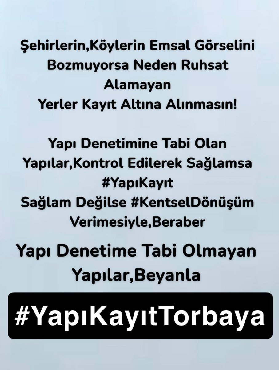<a href="/OsmanGokcek_/">Osman Gökçek</a> Yapı Denetimine Tabi Olan Yapılar, Kontrolle,Sağlamsa #YapıKayıt Belgesi,Değilse #KentselDönüşüm Hakkı Verilerek,Dönüşümde Hak Mahrumiyeti
Giderilmesiyle Beraber,

Yapı Denetimine Tabi Olmayanlar,Beyan ile
#YapıKayıtTorbaya 
<a href="/RTErdogan/">Recep Tayyip Erdoğan</a>

Kabine Toplantısı #pazartesi Emekli
Sedat