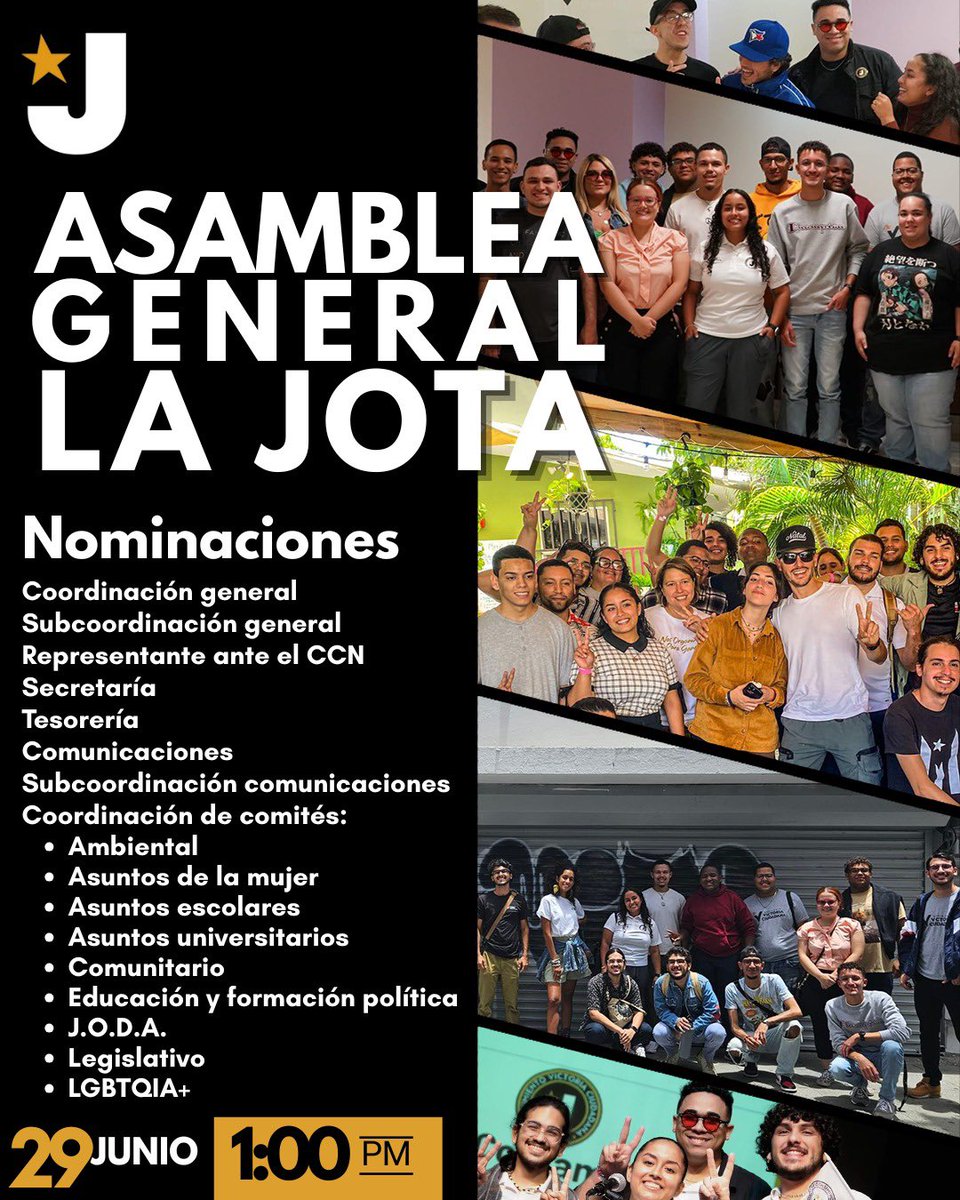 El próximo domingo, 29 de junio de 2025 a la 1 p.m. les esperamos en el Local de @victoriaporpr. Donde estaremos llevando a cabo nuestra Asamblea Ordinaria Nacional para escoger a la nueva directiva 2025-2027 de La Jota. 🌟

Registro: asamblea.mvc.pr/events/asamble…