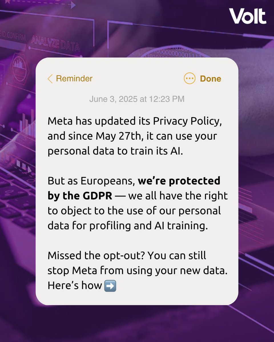 VoltEuropa's tweet photo. Meta updated its privacy policy and may now use your photos, captions and comments to train AI. But thanks to 🇪🇺, you can still say no, even if you missed the first deadline on May 27th.

Can’t find the form? Take a look here https://t.co/vxzqZqAczP https://t.co/PXmy5mtJXo