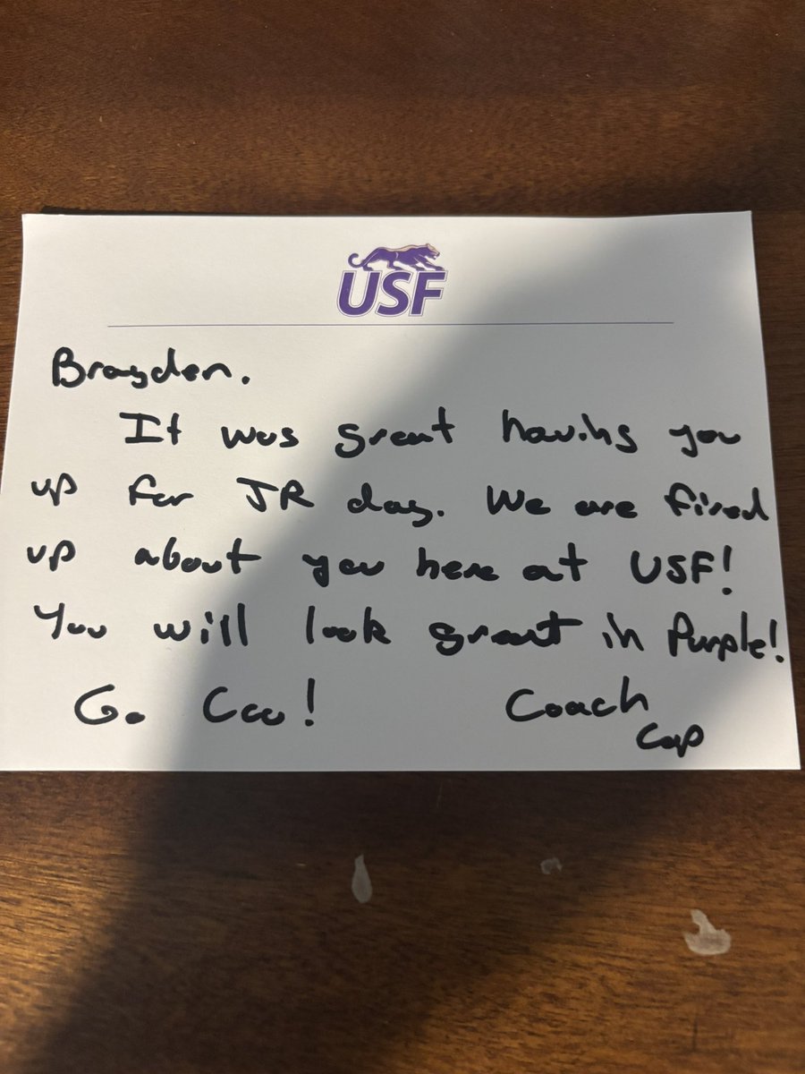 BraydenLewis06's tweet image. Thank you for the mail! @CoachCapUSF @USFCougarsFB