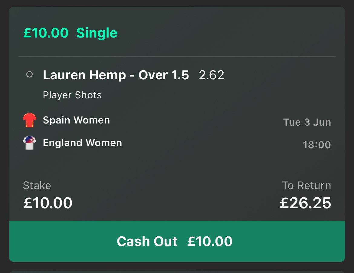 Lauren Hemp - Over 1.5 shots 🌟

She’s had over 1.5 shots in 8/10 games and in both games she still managed a shot.

Last time she played against Spain she had 4 shots!

This is also a must win game for England so attack, attack, attack.

Like if your tailing ❤️