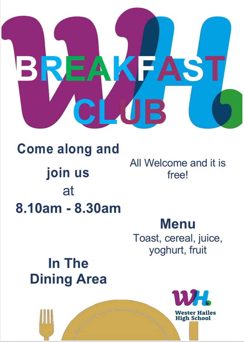 Reminder we have a free Breakfast Club available to all students, every day! We will also be open to our new S1 pupils during three day visit!