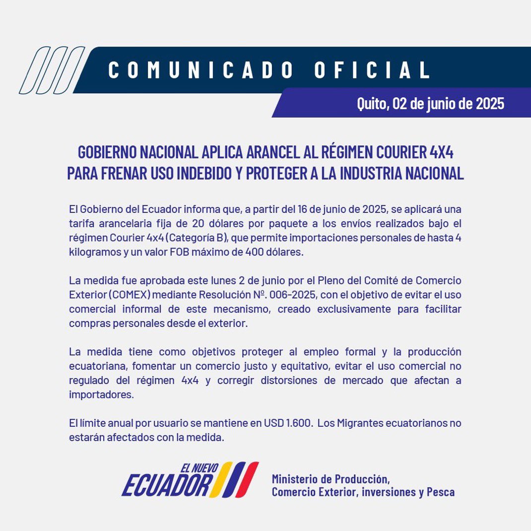 charlesferrin's tweet photo. Sin analizar los datos reales de esta medida del gobierno ni el impacto que genere en recaudación o control. Poner $20 dólares de tarifa arancelarias a los paquetes en régimen Courier 4x4 de hasta 4 kilogramos y un valor máximo FOB de $400, me parece exagerado. Más que todo en un entorno en donde mucha gente de clase media ahora se dedica a negocios así para generar algo frente a la falta de empleo formal. Quizás en otro contexto si, pero en uno donde no hay empleos ni generación . 

Porque en vez de optar medidas como estas. El gobierno no exige a los deudores del SRI pagar todo el monto de lo que por años no ha cancelado. Creo la recaudación sería mucho más. 

Pero bueno advertimos, no hicieron caso!!