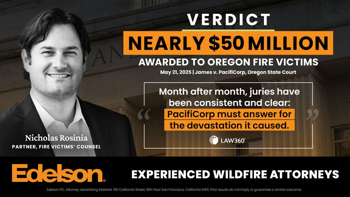 ⚖️JUST IN: Another jury awards nearly $50 million to 10 more Labor Day fire survivors in a case led by EPC's trial team. Total verdicts so far: $385 million for 69 plaintiffs.
We've asked the Court to set up to five trials a month in 2026. 

Read more here:
